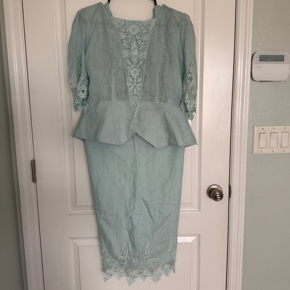 Cloak Of Many Colors Liberty & Lucrezia Set Sz 12 Linen Lace Mint Top Skirt VTG